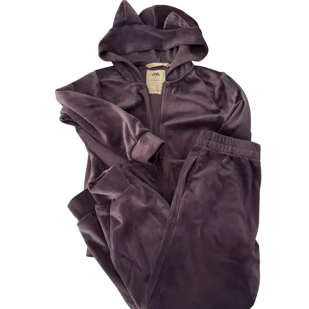 Tea collection purple velour zip hoodie and pants outfit size 7